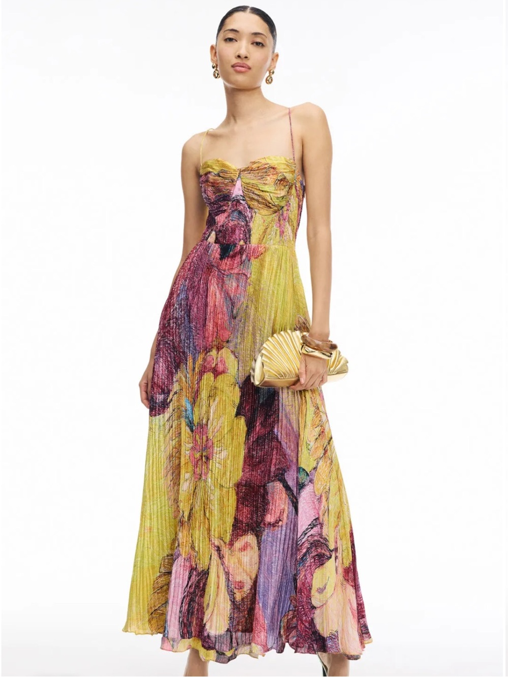 Multicolor Floral Pleated Spaghetti-Strap Maxi Dress